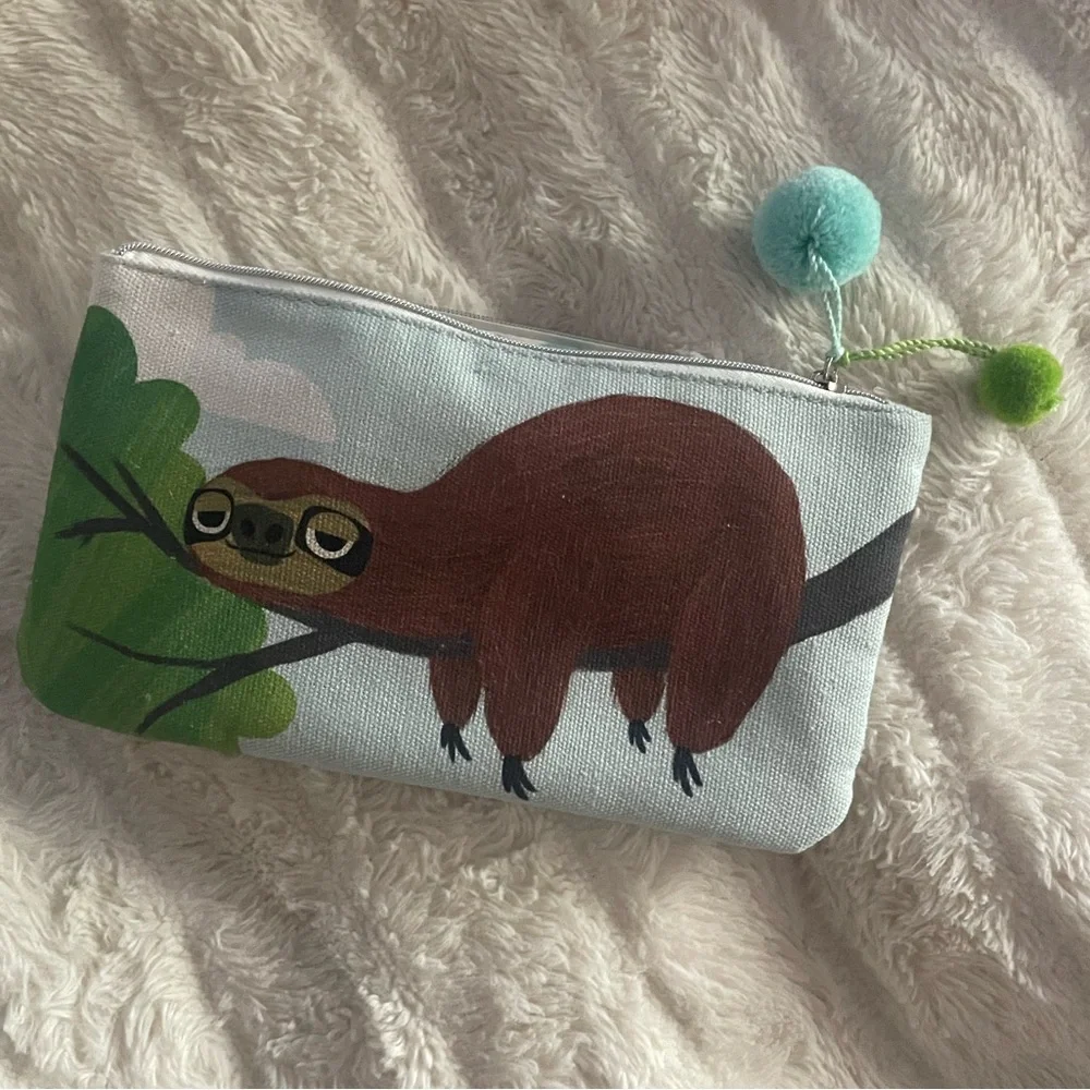Sloth Print Pouch with Pom Poms